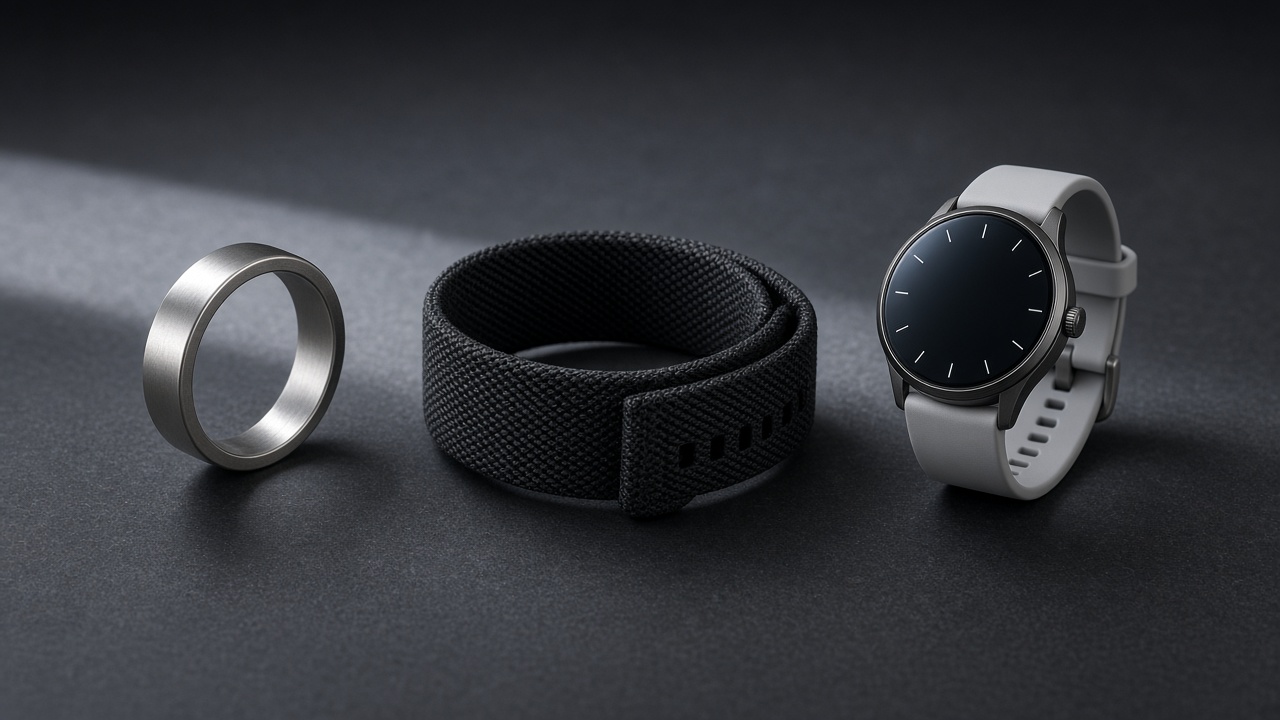 A titanium ring, a woven screenless band, and a round watch on a dark desk