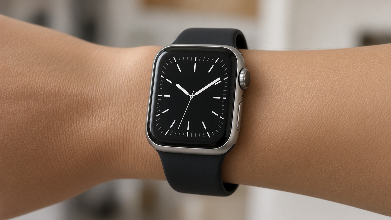 A rectangular silver smartwatch on a wrist, screen on, with a crown and a side button