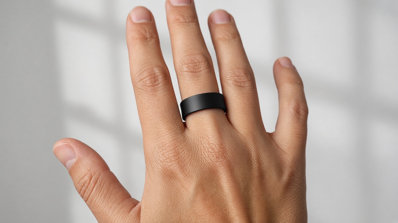 A hand wearing a matte black smart ring