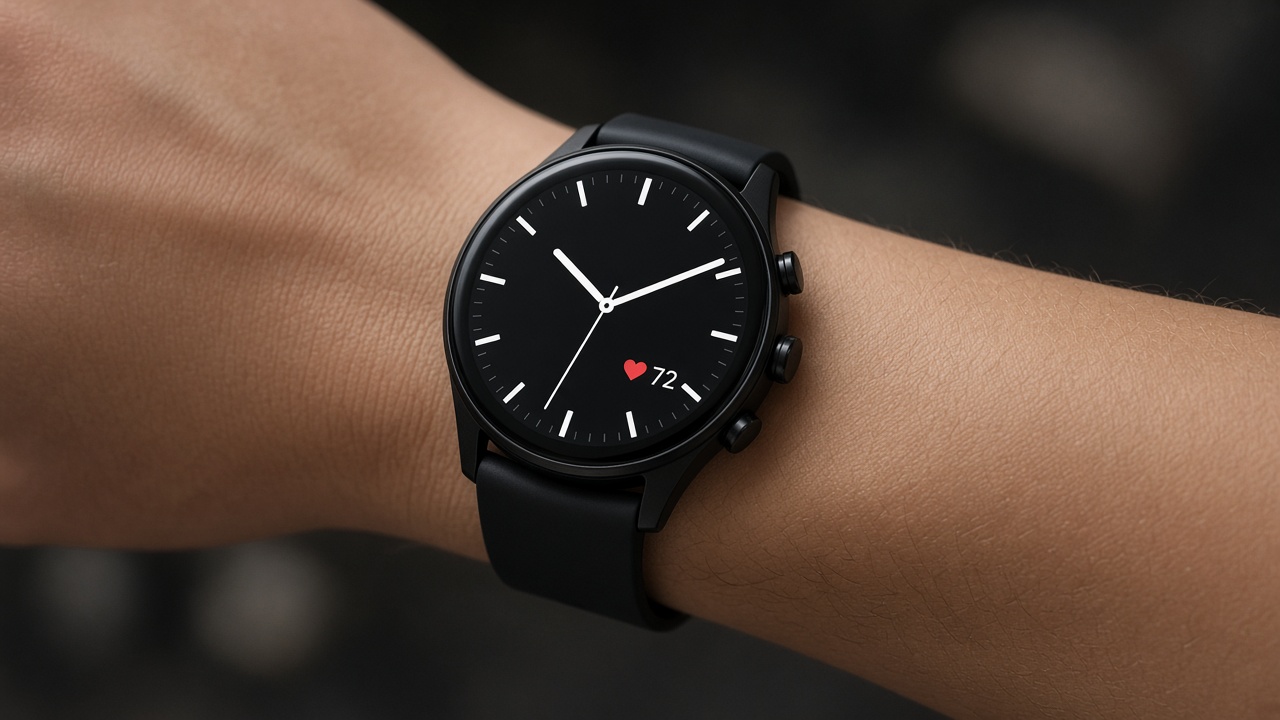A round sports watch on a wrist, screen on, showing the time and a heart rate of 72