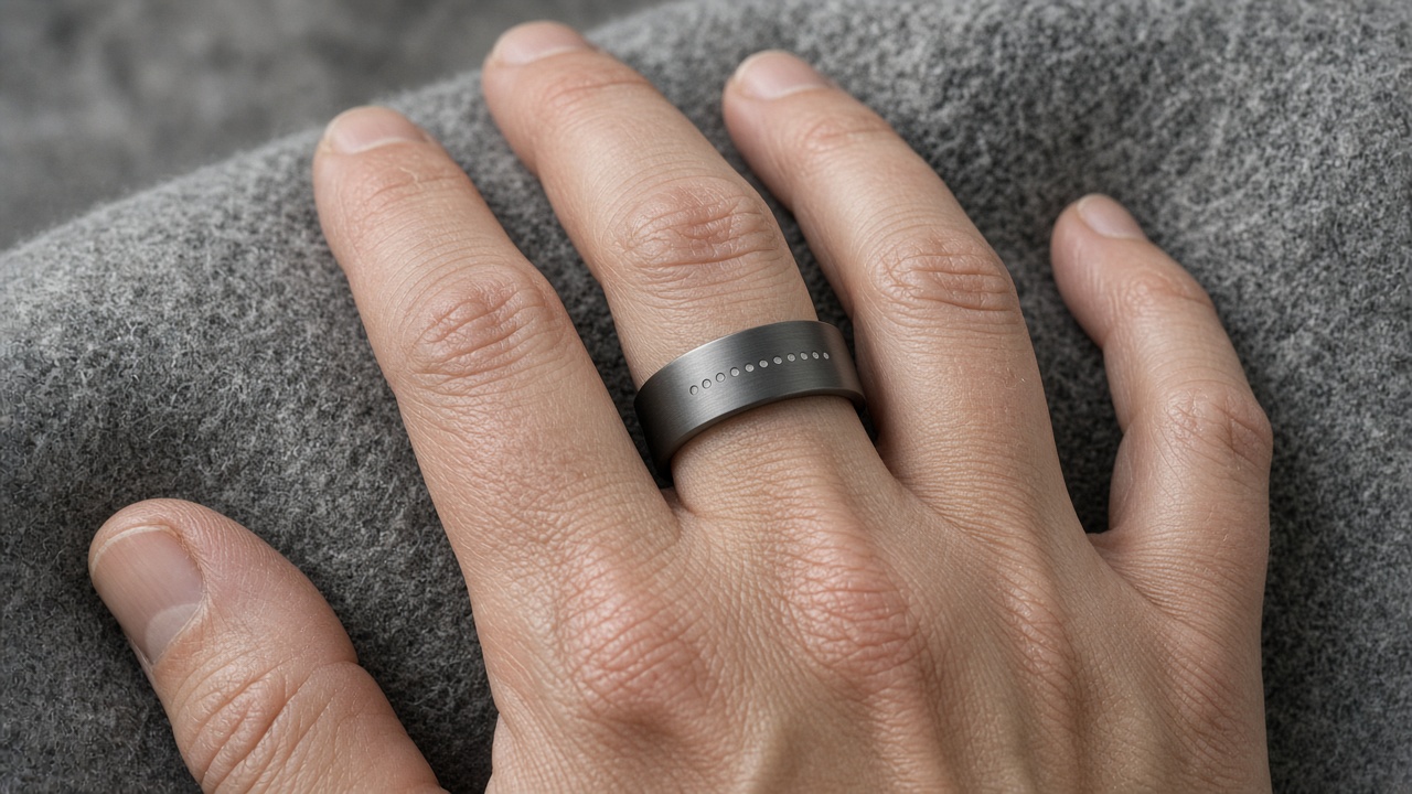 A hand wearing a brushed gunmetal smart ring with a row of small dots