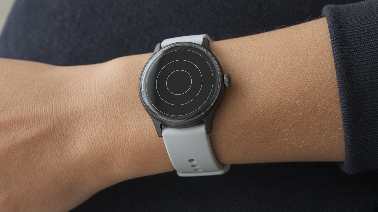 A small domed round smartwatch on a wrist, with a single crown and a light band