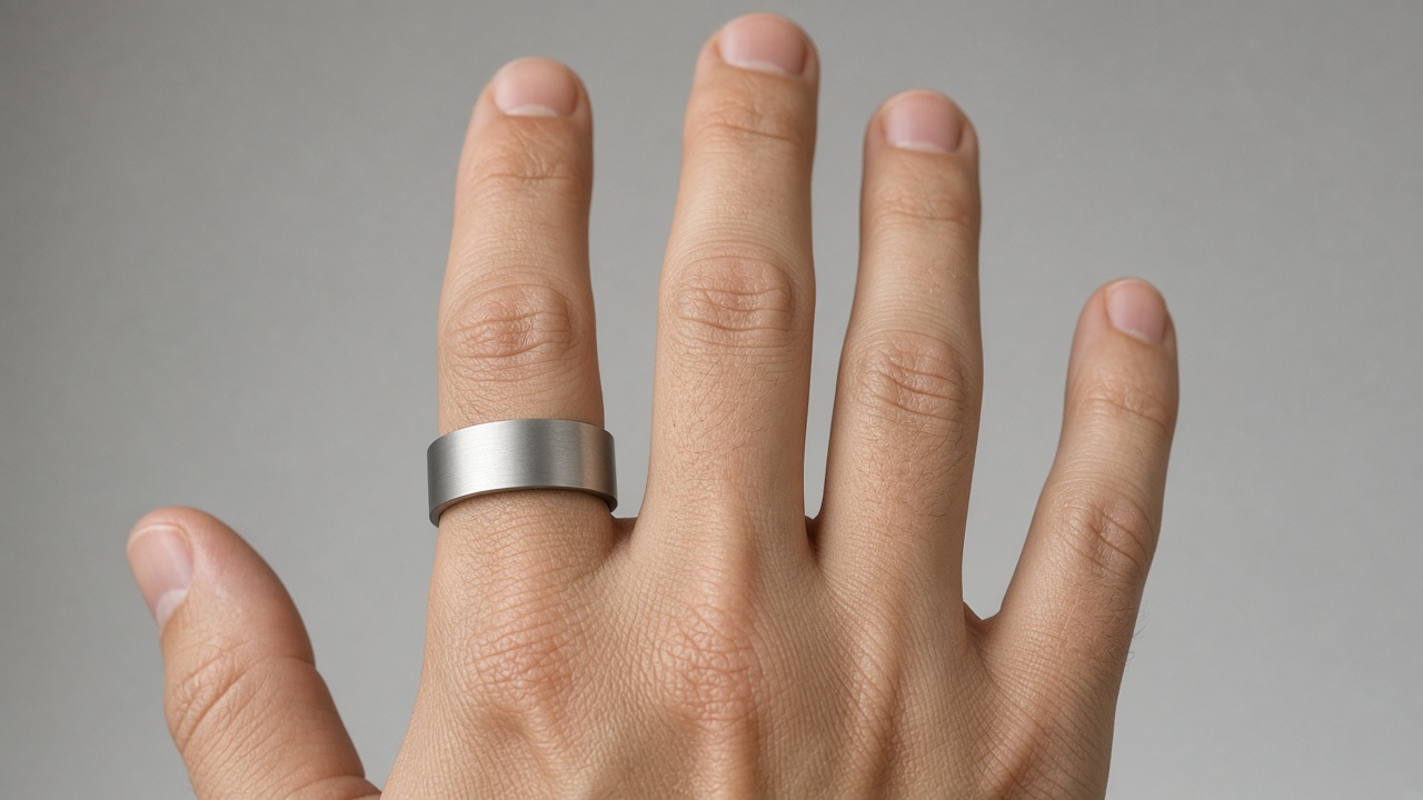 A hand wearing a wide flat brushed-titanium smart ring