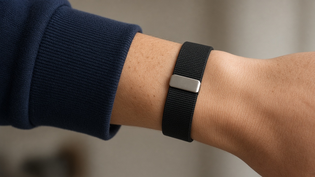 A wrist wearing a black woven band with a metal clasp and no screen