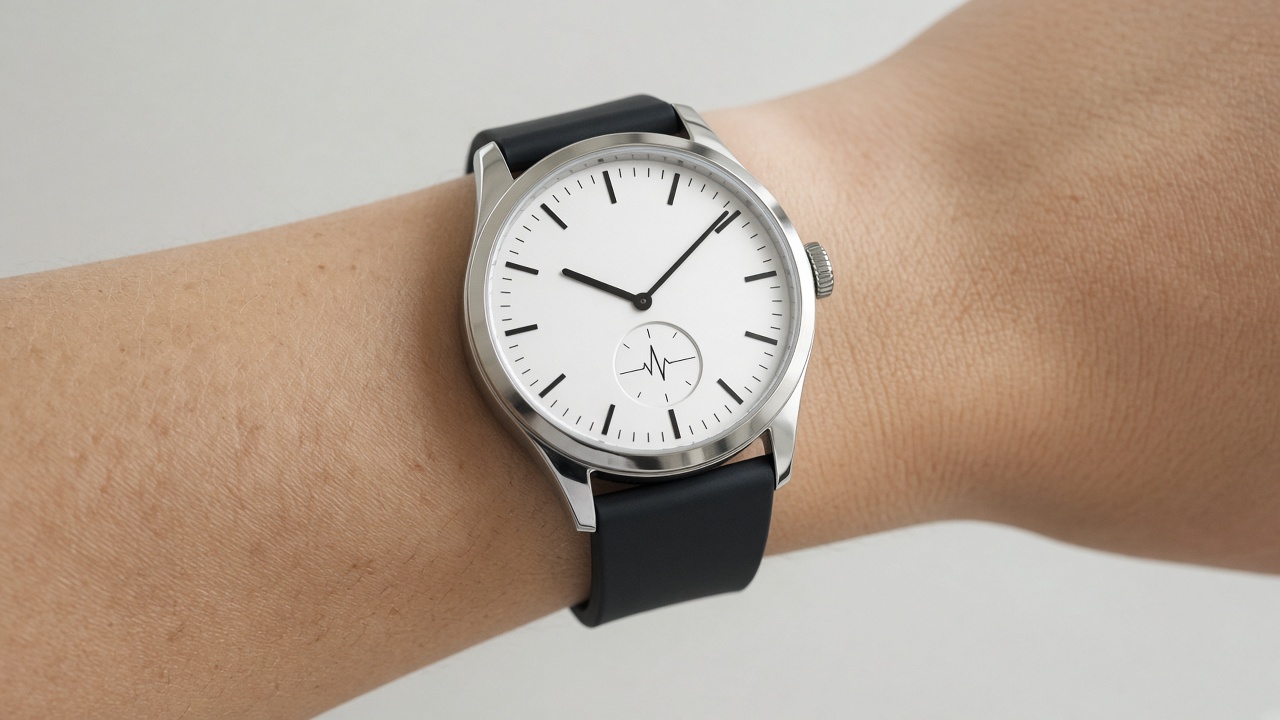 A hybrid watch on a wrist, analog hands and a small heartbeat window in the dial